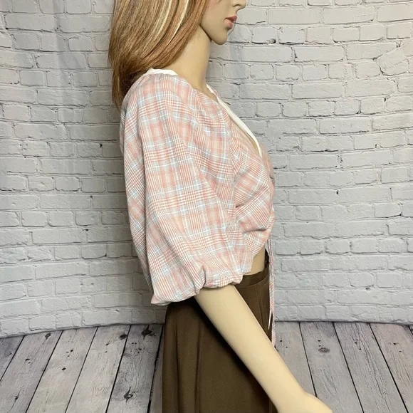 NWT New dRA Plaid Puff Sleeve Crop Top Size L - Picture 4 of 10